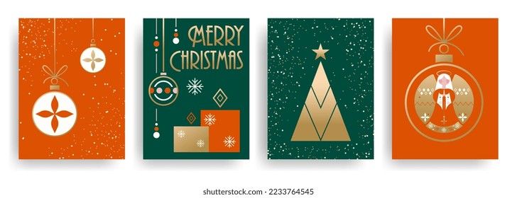 Merry Christmas modern geometric banner set with candle, tree, balls and angel. Xmas lettering.