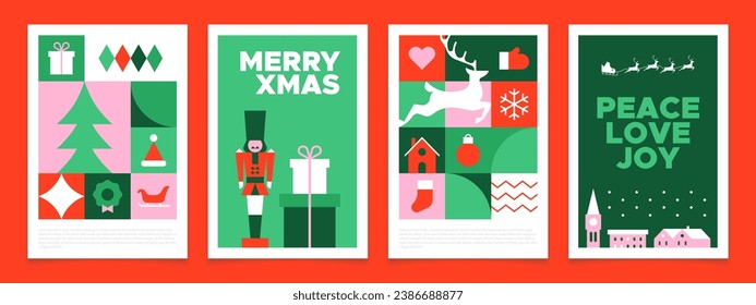 Merry christmas modern geometric banner template set. Abstract xmas holiday mosaic poster collection with winter decoration. Festive party invitation, minimalist december event greeting card bundle.