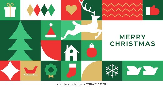 Merry christmas modern geometric banner template. Abstract xmas holiday mosaic poster with winter decoration. Festive party invitation, minimalist december event greeting card.