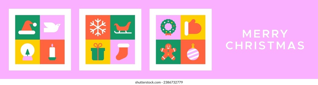 Merry christmas modern geometric banner template. Abstract xmas holiday mosaic poster with winter decoration. Festive party invitation, minimalist december event header.