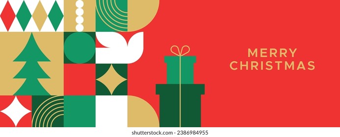 Merry christmas modern geometric banner template. Abstract xmas holiday mosaic poster with winter decoration. Festive party invitation, minimalist december event greeting card.