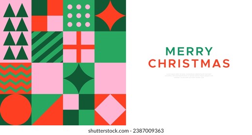 Merry christmas modern geometric banner template. Abstract xmas holiday mosaic poster with winter decoration. Festive party invitation, minimalist december event greeting card.