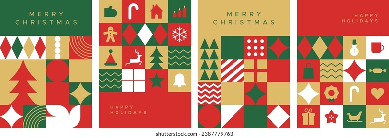 Merry christmas modern geometric banner template set. Abstract xmas holiday mosaic poster collection with winter decoration. Festive party invitation, minimalist december event greeting card bundle.