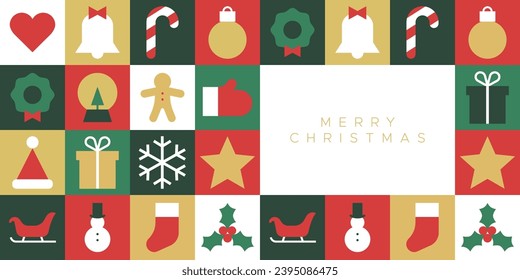 Merry christmas modern geometric banner template. Abstract xmas holiday mosaic poster with winter decoration. Festive party invitation, minimalist december event greeting card.