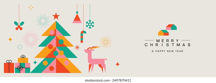 Merry Christmas modern minimalist geometric style. Christmas tree with geometrical pattern, gift boxes and Christmas decorations elements. Vector illustration.