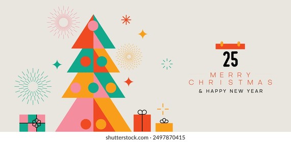 Merry Christmas modern minimalist geometric style. Christmas tree with geometrical pattern, gift boxes and Christmas decorations elements. Vector illustration.