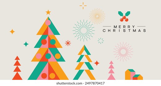 Merry Christmas modern minimalist geometric style. Christmas tree with geometrical pattern, gift boxes and Christmas decorations elements. Vector illustration.