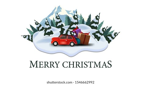 Merry Christmas, modern postcard with pines, drifts, mountain and red vintage car carrying Christmas tree