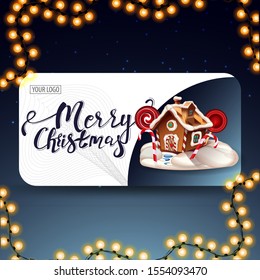 Merry Christmas, modern postcard with rounded corners, beautiful lettering and Christmas gingerbread house