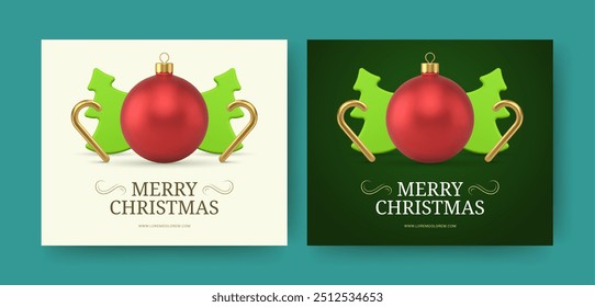 Merry Christmas modern social media post design template set realistic vector illustration. Winter holiday happy New Year Xmas festive congratulations greeting card with spruce cane ball toy