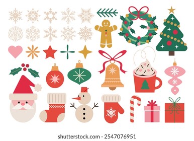 Merry Christmas modern stickers set. Colorful vector illustration in flat geometric cartoon style. Christmas decorations, wreath, Santa, snowflakes, snowman