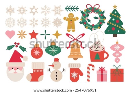 Merry Christmas modern stickers set. Colorful vector illustration in flat geometric cartoon style. Christmas decorations, wreath, Santa, snowflakes, snowman