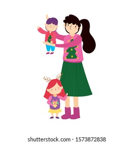 merry christmas mom and kids with ugly sweater vector illustration