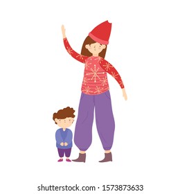 merry christmas mom and son with ugly sweater and hat vector illustration