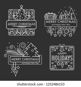 Merry Christmas monochrome sketches with gifts and symbols vector. Winter holiday signs, bells and toys, homemade cookies, xmas pastry and presents. Pine tree decorated with glowing garlands