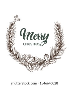 Merry christmas monochrome wreath. Sketch style berries and leaves. Holiday vector