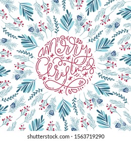 Merry Christmas monoline calligraphic lettering hand written vector text. Greeting card design with floral plants xmas elements. Modern winter season postcard, brochure, wall art design