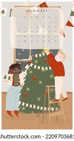 Fröhliche Weihnachtsfeier 2023, Karte, Flyer für Wintermonat. Zärtchen schmücken Weihnachtsbaum in ihrem Haus. Zimmerdekoration für Ferien. Vektorgrafik-Illustration mit Flachbild-Cartoon