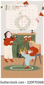 Merry Christmas mood festive calendar 2023, card, flyer for winter month. Cute couple decorating room for holidays. Family sitting near fireplace in their home. Vector flat cartoon style illustration