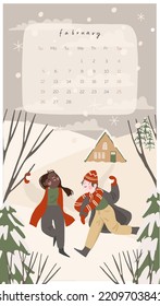 Merry Christmas Mood Festive Calendar 2023, Card, Flyer For Winter Month. Couple Playing Snowballs In The Winter Wonderland. Snowball Fight. Winter House. Vector Flat Cartoon Style Illustration