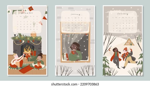 Fröhliche Weihnachtsfeier 2023, Karte, Flyer für Wintermonat. Paar sitzend in der Nähe Kamin, Schneeballkampf, süßes verträumtes Mädchen nahe Fenster im Schnee. Vektorgrafik-Illustration mit Flachbild-Cartoon