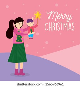 merry christmas mother carrying her little son with star vector illustration