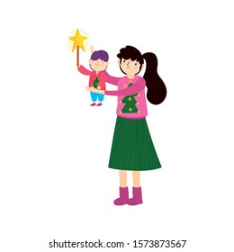 merry christmas mother carrying her little son with star vector illustration