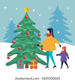 merry christmas mother and daughter with pine tree and gifts design, winter season and decoration theme Vector illustration