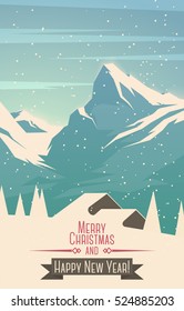 Merry Christmas mountains landscape with house