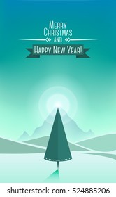 Merry Christmas mountains landscape with tree