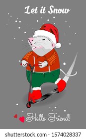 Merry Christmas mouse on a scooter. Picture for design greeting cards or congratulations.