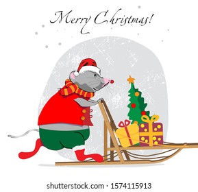 Merry Christmas mouse on a sleigh carrying gifts. Picture for design greeting cards or congratulations.