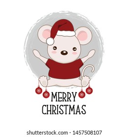 Merry christmas mouse in red hat in cartoon style. 