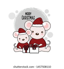 Merry christmas mouse in red hat in cartoon style. 