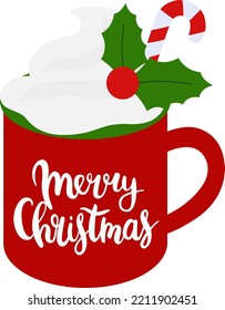 Merry Christmas mug with candy cane and holly branch