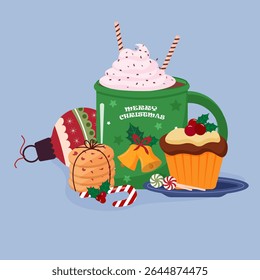 Merry Christmas mug with hot chocolate, cupcake, cookie, candy cane, and ornament, for holiday celebration. Vector illustration