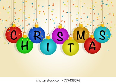Merry Christmas. Multi colored decorative toys balls Christmas text on them confetti decoration on a light yellow background with white gradient