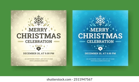 Merry Christmas music party celebration social media post design template set vector illustration. Happy New Year Xmas winter holiday event festival squared flyer snowflakes glow bokeh blur sparkle