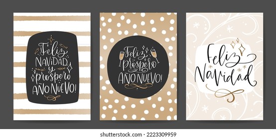 Merry Christmas and Nappy New Year winter holidays greeting card set in Spanish language. Modern calligraphy black, gold and white colours design with confetti, snowflakes and flourishes backgrounds.