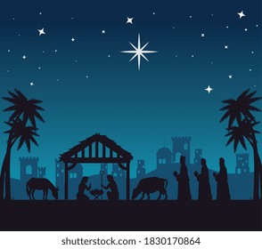 merry christmas nativity mary joseph baby and three wise men at night design, winter season and decoration theme Vector illustration