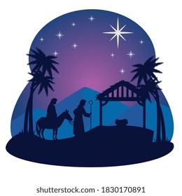 merry christmas nativity mary joseph baby and hut design, winter season and decoration theme Vector illustration