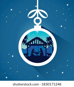 merry christmas nativity mary joseph and baby in sphere design, winter season and decoration theme Vector illustration