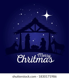 merry christmas and nativity mary joseph and baby in hut on blue background design, winter celebration theme Vector illustration