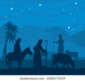 merry christmas nativity mary on donkey joseph and cow design, winter season and decoration theme Vector illustration