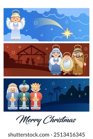 Feliz Natal. Cena de Natal com Sagrada Família, Anjo e os Três Sábios. Personagens de desenhos animados bonitos. Ilustração vetorial.