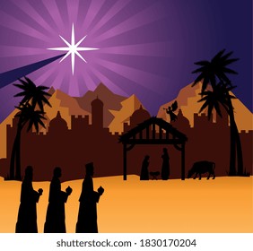 merry christmas nativity three wise men mary joseph and baby at desert design, winter season and decoration theme Vector illustration