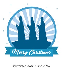 merry christmas nativity three wise men in seal stamp design, winter season and decoration theme Vector illustration