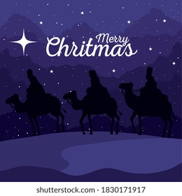 merry christmas and nativity three wise men on blue background design, winter celebration theme Vector illustration