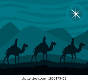 merry christmas nativity three wise men on camels design, winter season and decoration theme Vector illustration