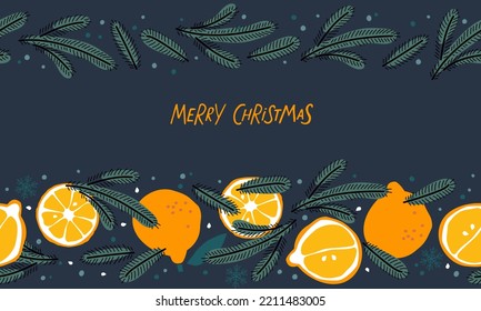 Merry Christmas natural banner. Seamless fir branch with tangerine background. Traditional Christmas element. Vector Christmas fruit seamless border. Flat vector isolated on dark blue background